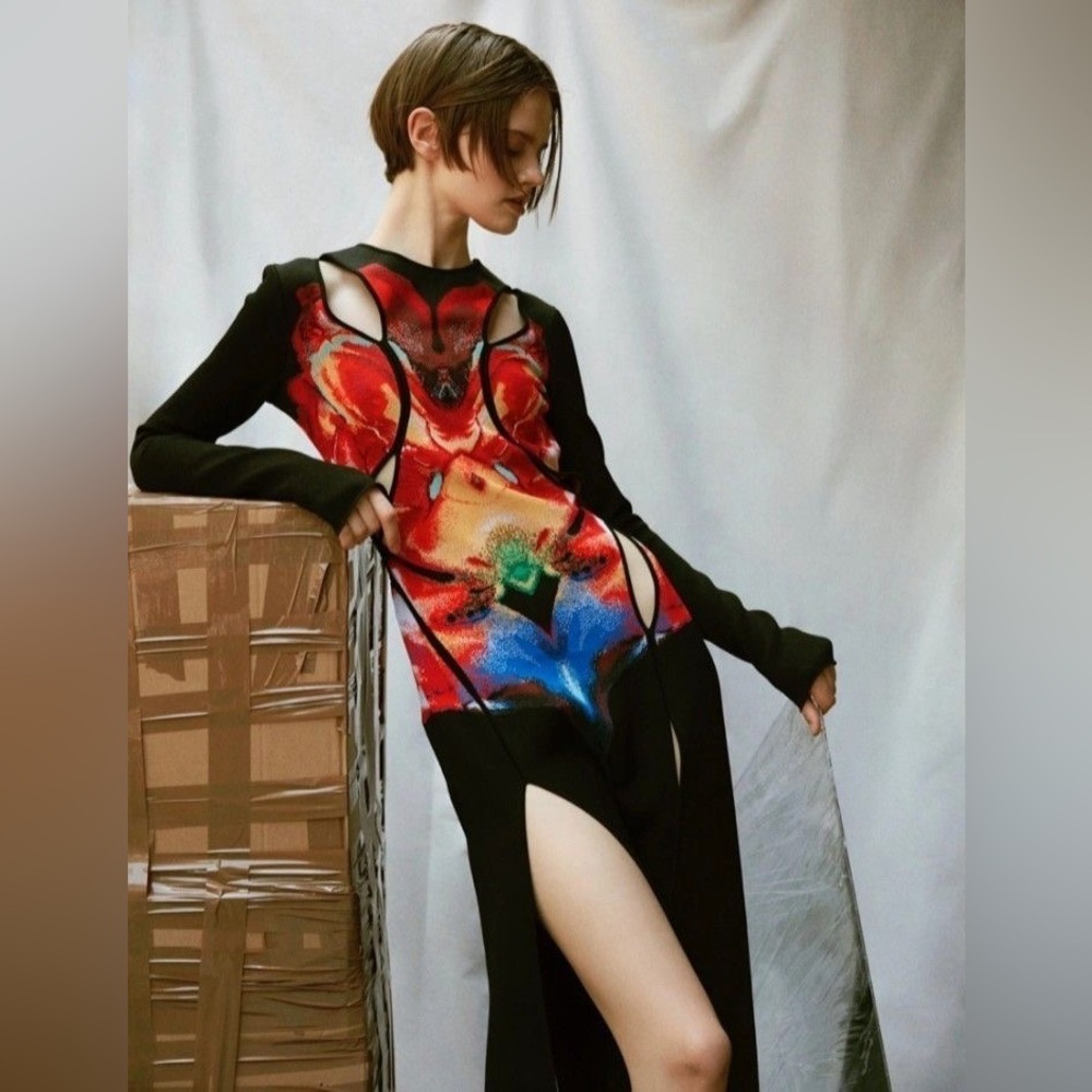 Alexander McQueen Orchid Jacquard Midi Dress Cutouts Medium Black Red Yellow NWT - Picture 10 of 15